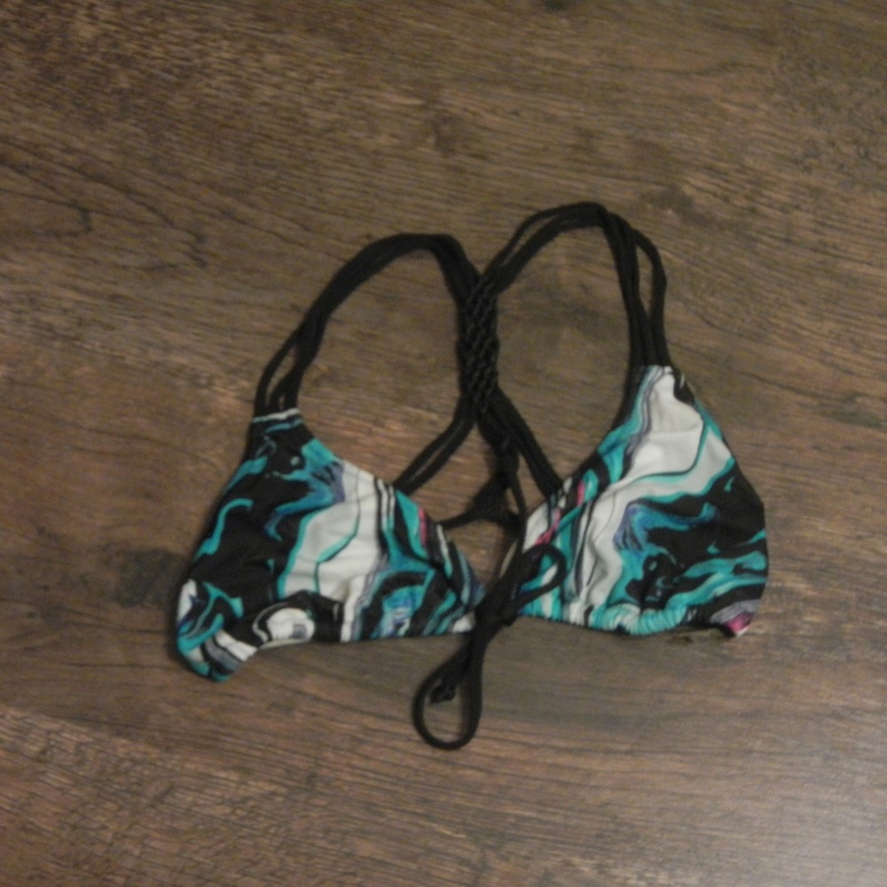 PINK Triangle Bikini Top Braided Straps Blue Marble Print Swimwear - Picture 2 of 5